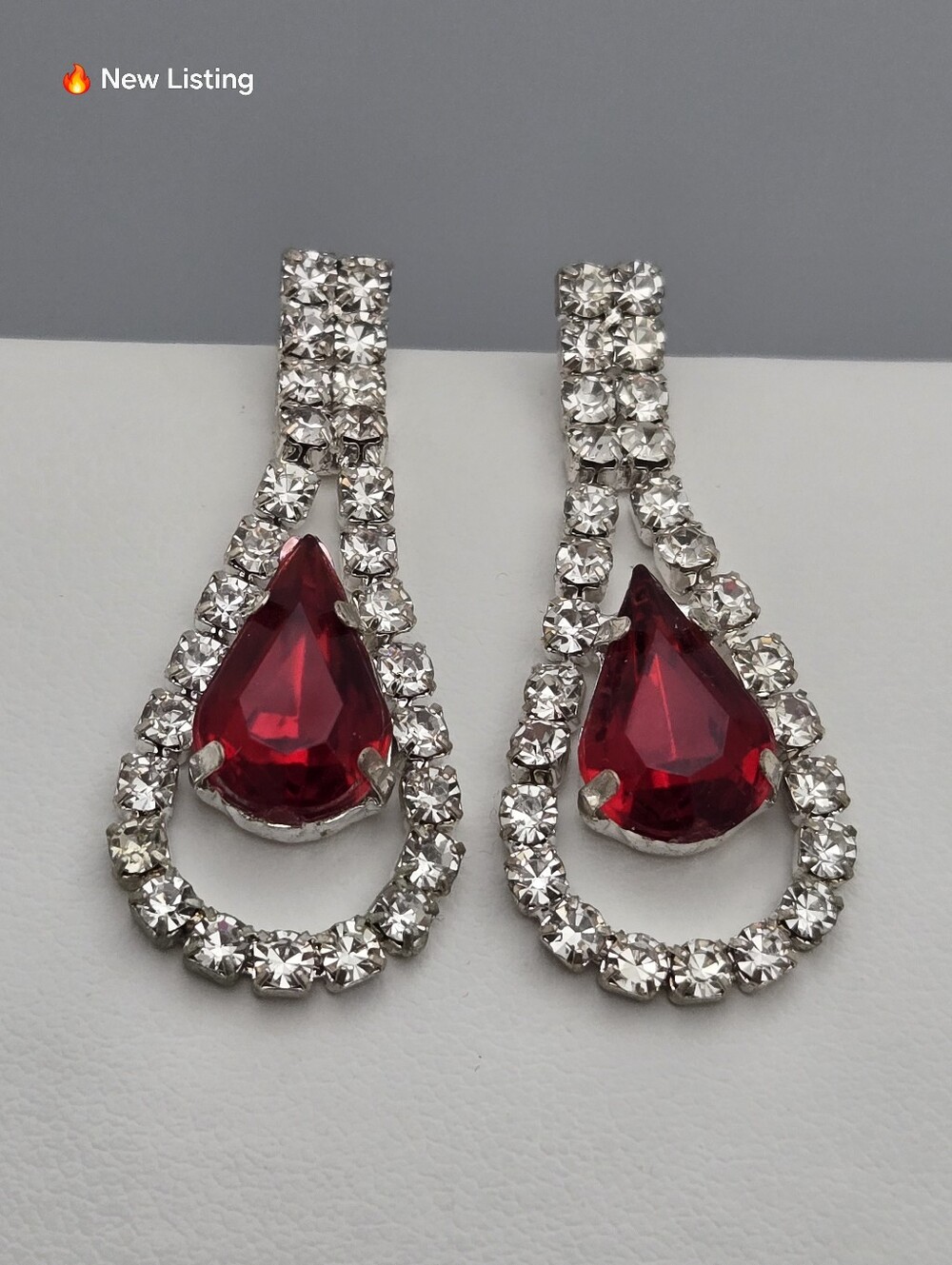 Ruby Red Crystal Teardrop Statement Pierced Earrings Wedding Bridal 1.25"